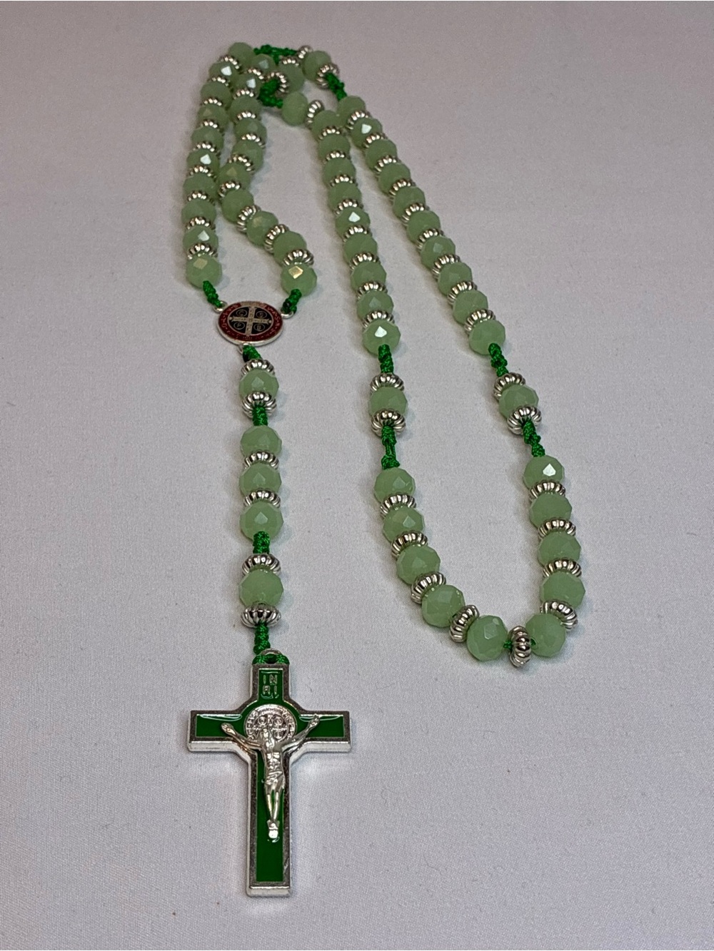 Green & Silver Cross Rosary Necklace
